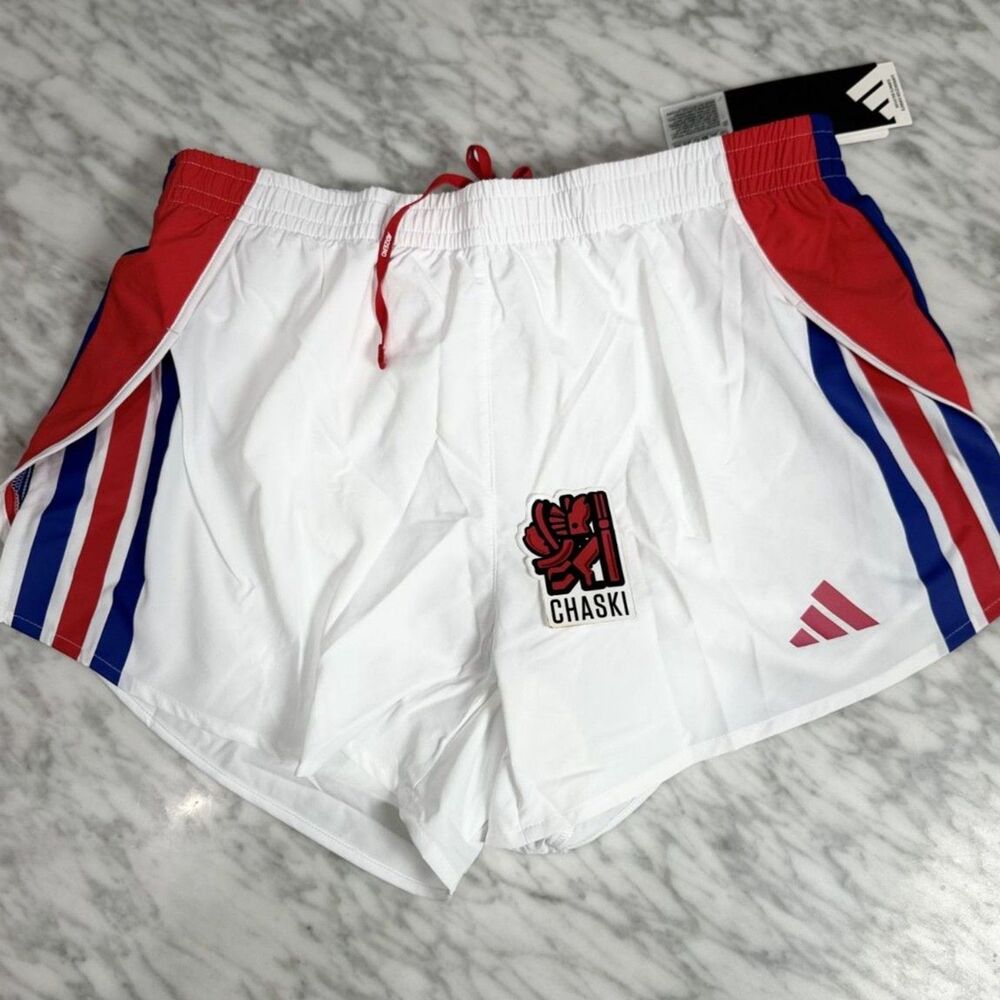 Adidas Adizero Retro 4" Running shorts White red Blue JD7319 Women small NEW